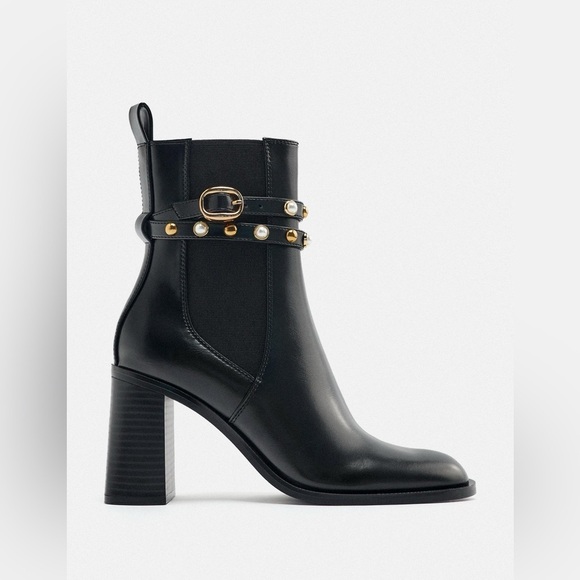 ZARA Women’s Pearl Block Heel Ankle Boots Black Sz EU 35 - Picture 1 of 14